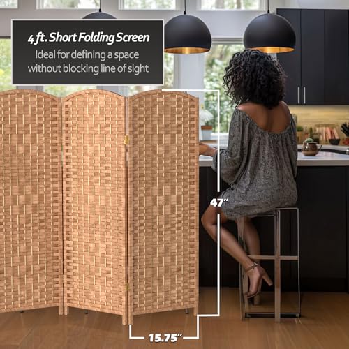 Red Lantern 4 ft. Short Diamond Weave Fiber Folding Screen - Natural - 8 Panel Red Lantern