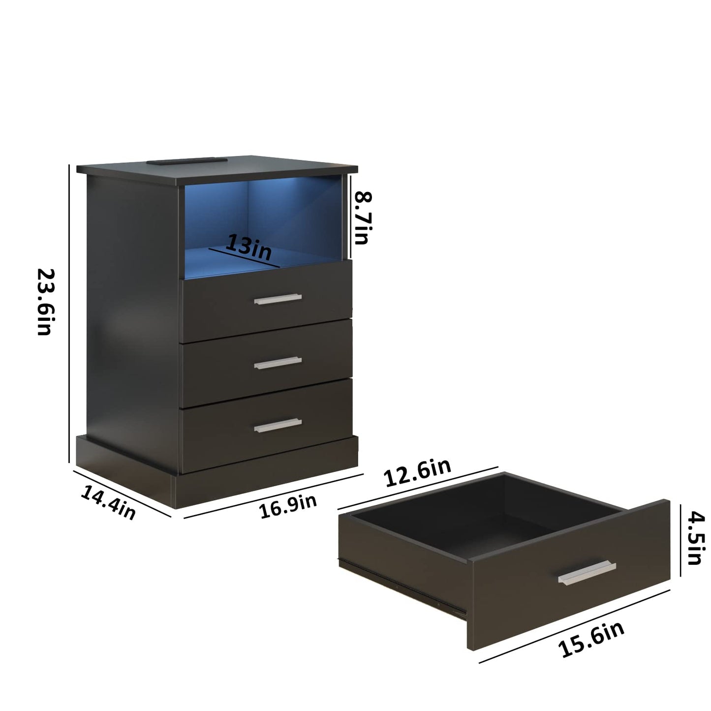 Halitaa Black LED Nightstand with Charging Station, Side Table with 3 Drawers and Light, End Table with Open Storage, Beside Cabinet for Bedroom (Black 2 set) - WoodArtSupply