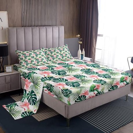 Feelyou Palm Leaf Sheet Set King Size Kids Flower Floral Palm Tree Print Sheets with Deep Pocket Fitted Sheet for Boys Girls Teens Botanical Nature Theme Bed Sheets Set Summer Nature Theme Bedding Set Feelyou
