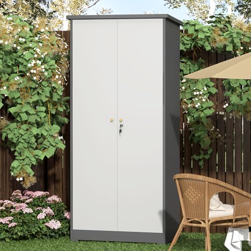 SAFEFEVER Outdoor Metal Storage Cabinet,Garden Storage Cabinet with Waterproof Coating,Waterproof Lockable Storage Cabinets for Garden,Backyard,Lawn,Dark Gray+White SAFEFEVER