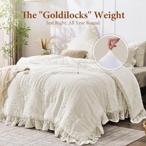 JOLLYVOGUE Ivory Twin Size Comforter Set, 2 Pieces Seersucker Lightweight Fluffy Bedding Set, Twin Ruffle Comforter, All Season Soft Microfiber Shabby Chic Bed Set JOLLYVOGUE