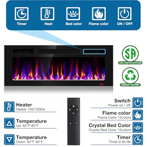43 Inch Electric Fireplace Recessed and Wall Mounted, Fireplace Heater and Linear Fireplace, Ultra-Thin Electric Fireplace, Low Noise, with Timer, Remote Control, Adjustable 12 Flame Color, 750/1500W Sixfivsevn