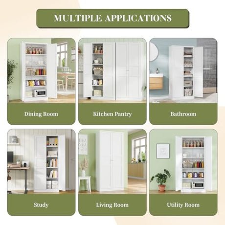 RAVIGIN Metal Storage Cabinet,71" H Pantry Cabinet with 2 Doors and 5 Adjustable Shelves,6 Tier Tall Kitchen Storage Cabinets for Kitchen,Pantry,Living/Study/Laundry Room(White) RAVIGIN