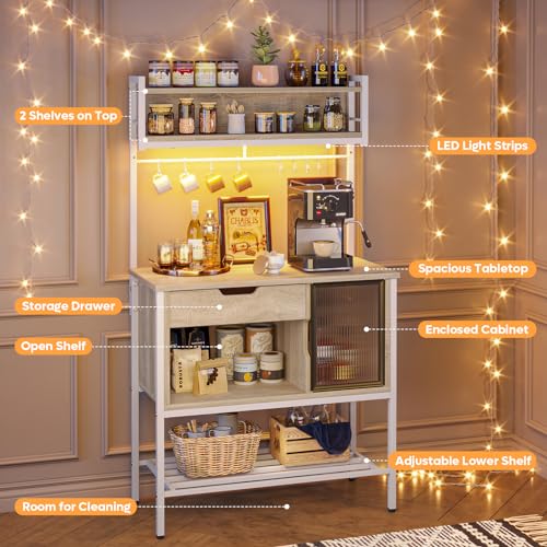 Bestier 6-Tier LED Bakers Rack with Storage & Hooks - Multifunctional Oak Stand Bestier