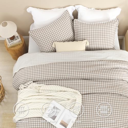 Andency Tan Gingham Comforter Set Twin(66x90Inch), Brown Checkered Grid Plaid Buffalo Bed Set for Girls Boys Kids Teens, 2 Pieces Lightweight Microfiber Geometric Preppy Bedding Andency