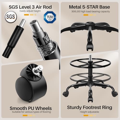 FINATI Drafting Chair, Tall Office Chair for Standing Desk, Ergonomic High Back with Headrest, Lumbar Support, Foot Ring and Flip-up Armrests, Black FINATI