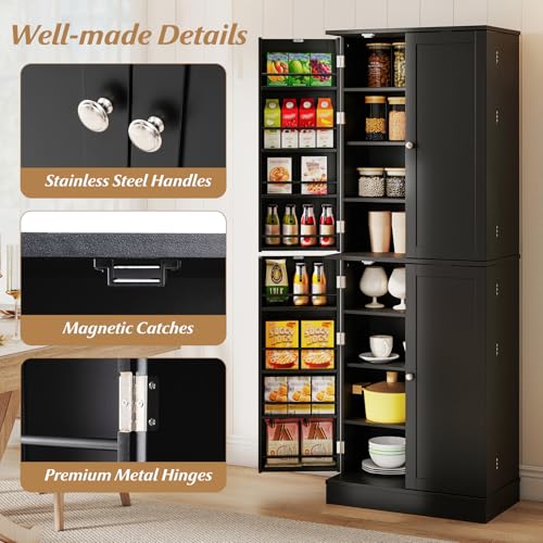 Giantex Kitchen Pantry Cabinet, 65.5" Tall Kitchen Hutch w/8-Tier Storage Cabinet, 16-Tier Door Shelves & Adjustable Shelves, 4-Door Freestanding Buffet Sideboard for Dining Room, Living Room (Black) Giantex