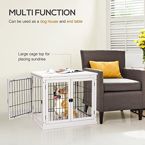 PawHut Dog Crate Furniture, Small Dog Cage End Table with Two Opening Sides, Lockable Door, Puppy Kennel Indoor, Cute and Decorative, Pure White - WoodArtSupply