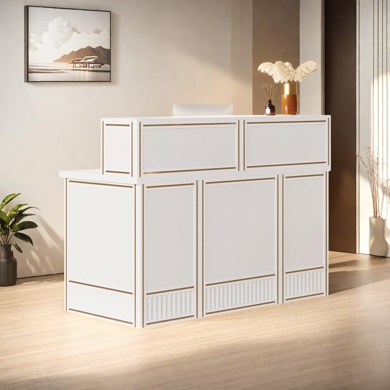 Tribesigns 57" Reception Desk with Counter, Modern Front Desk with Metal Frame, Wooden Retail Checkout Counter for Office, Reception Room, Beauty Salon, Lobby (White) Tribesigns