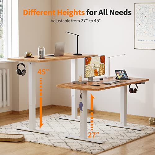 Cubiker 55 x 24 Inch Standing Desk, Stand up Height Adjustable Home Office Electric Table, Sit Stand Desk with Splice Board, White Frame & Light Rustic Brown Desktop Cubiker