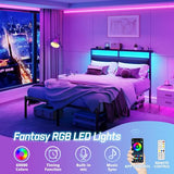 OURPIC Full Size Bed Frame with Headboard, Bed Frame Full Size with LED Light and Charging Station, Black Metal Platform Bedframe and Storage Shelf, No Box Spring Needed, Noise Free OURPIC