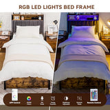 COMHOMA Twin Size Platform Bed Frame with LED Lights and Charging Station, Storage Headboard and Footboard Drawers, No Box Spring Needed, Rustic Wood Look COMHOMA