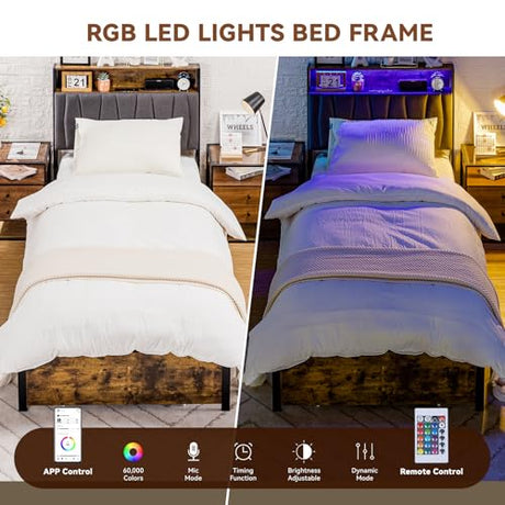 COMHOMA Twin Size Platform Bed Frame with LED Lights and Charging Station, Storage Headboard and Footboard Drawers, No Box Spring Needed, Rustic Wood Look COMHOMA