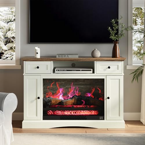 RoyalCraft TV Stand with 28'' Fireplace for TVs up to 55'', Media Console Table with Adjustable Shelves, Double-Door Design, Entertainment Center for Living Room, Bedroom, White RoyalCraft