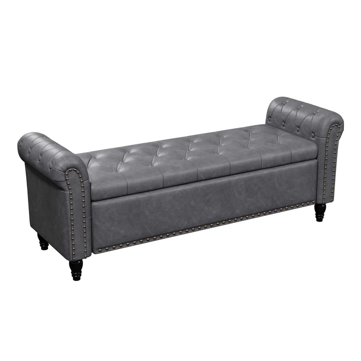 65 Inch Bedroom Bench, End of Bed Bench with Storage, Bed Benches for Foot of Bed, Faux Leather Window Bench with Tufted Button and Nailhead Trim, Upholstered Storage Bench with Rolled Arms, Gray FiveWillowise