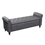 65 Inch Bedroom Bench, End of Bed Bench with Storage, Bed Benches for Foot of Bed, Faux Leather Window Bench with Tufted Button and Nailhead Trim, Upholstered Storage Bench with Rolled Arms, Gray FiveWillowise