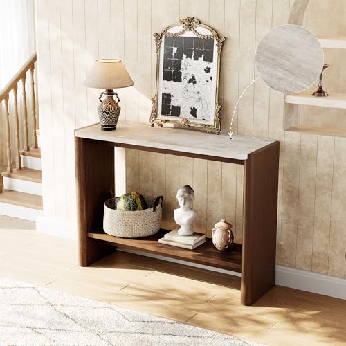 COSIEST 43.3" Farmhouse Console Table for Entryway, 2-Tier Sofa Table with Faux Stone Grain Top, Slim Accent Table for Hallway, Behind Couch, or Living Room, Brown Wood Look COSIEST