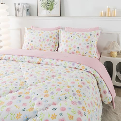 Wajade Floral Comforter Set Bed in A Bag Full Size 7 Piece Botanical Flower Green Leaves Rabbits Bedding Set for Girls (1 Comforter, 1 Flat Sheet, 1 Fitted Sheet, 2 Pillowcase and 2 Pillow Sham) Wajade