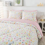Wajade Floral Comforter Set Bed in A Bag Full Size 7 Piece Botanical Flower Green Leaves Rabbits Bedding Set for Girls (1 Comforter, 1 Flat Sheet, 1 Fitted Sheet, 2 Pillowcase and 2 Pillow Sham) Wajade