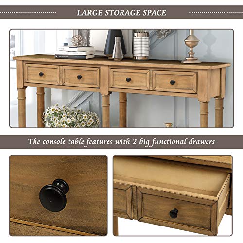 Merax Solid Wood Console Table with 2 Drawers for Living Room, Rustic 2-Tier Entryway Table with Bottom Open Shelf, 58 Inch Sofa Table Behind Couch for Hallway, Old Pine Merax