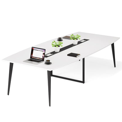 Tribesigns 8FT Conference Table, 94.48L x 47.21W x 29.52H Inches Boat Shaped Meeting Table with Rectangle Grommet, Modern Seminar Table for Office Meeting Conference Room (White & Black, 8ft)