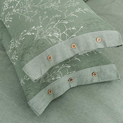 OREISE Duvet Cover Set Full/Queen Size Washed Cotton Yarn, Jacquard Green and White Thin Branch Pattern Floral Style 3Piece Bedding Set OREISE