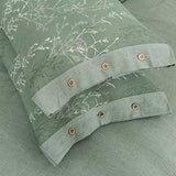 OREISE Duvet Cover Set Full/Queen Size Washed Cotton Yarn, Jacquard Green and White Thin Branch Pattern Floral Style 3Piece Bedding Set OREISE