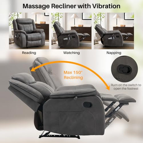 BAMCANFUR Massage Recliner Chair with Heated, Faux Leather Recliner Chairs for Adults, 39" Wide Manual Reclining Ergonomic Lounge Chair for Living Room with Overstuffed Backrest, Side Pocket, Grey BAMCANFUR
