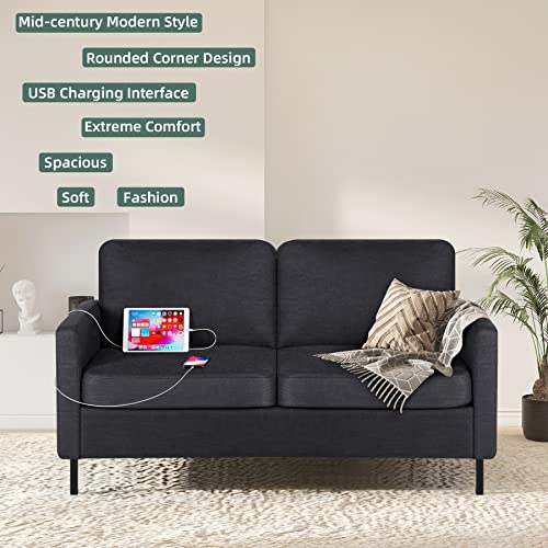 STHOUYN 56" W Fabric Loveseat Sofa with 2 USB, Small Couches for Living Room, Bedroom, Office, Easy Assembly & Comfy Cushion, Dark Grey STHOUYN