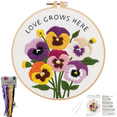 Nuberlic Pansy Flower Embroidery Kit for Beginners Cross Stitch Kits- Complete Starter Set with Hoop, Pre-Printed Fabric, Threads & Needles