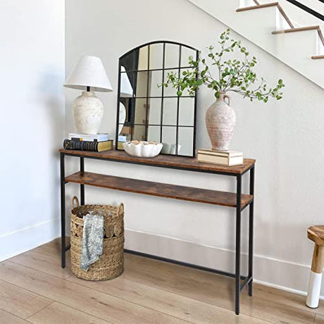 Timberer Rustic Brown Narrow Console Table with Adjustable Shelf - 47 Inch Multifunctional 2-Tier Hallway & Living Room Table Timberer