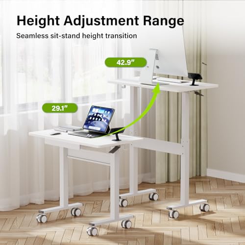 DAWNYIELD Standing Desk for Walking Pad with Wheels, Pneumatic Cordless Height Adjustable Rolling Desk, Mobile Computer Workstation with Drawer Hook Locking Casters for Treadmill & Home Office, White DAWNYIELD