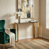 Cortesi Home Remini Narrow Contemporary Glass Console Table in Polished Gold Finish, Black Glass Cortesi Home