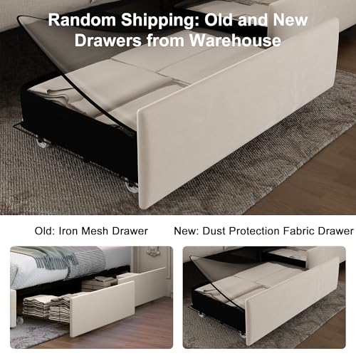 GEGOFORU Full Wingback Modern Platform Bed with Galaxy Projector, 4 Dust-Proof Storage Drawers, LED Bed Frame, USB Ports, No Box Spring Needed & Noise-Reduction Sturdy Wood Slats, Velvet Cream GEGOFORU