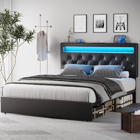 Rolanstar Queen Size Bed Frame with Charging Station, LED Bed with Under Bed Storage, Adjustable Headboard 38.9/40.8 Inches, No Box Spring Needed, Noise Free, Easy Assembly, Black Rolanstar
