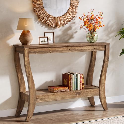 TRIBEWOOD Solid Wood Console Table with Storage, 41.3-Inch Farmhouse Entryway Table with Shelf, 2-Tier Wooden Sofa Table for Living Room, Hallway, Foyer, Brown TRIBEWOOD