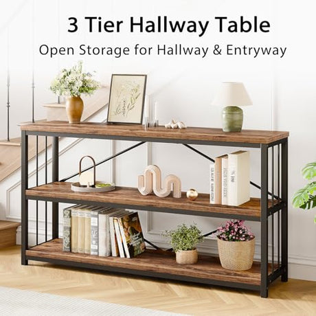 LVB Industrial Console Entryway Table, Metal Wood Rustic Sofa Table with Storage, Farmhouse 3 Tier Shelf Long Hallway Foyer Entry Tables Behind Couch for Home Living Room Entryway, Rustic Brown, 55 In LVB