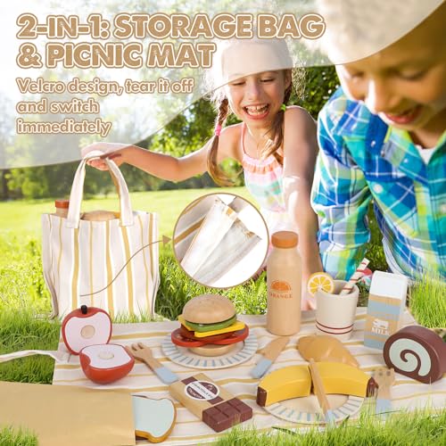 Wooden Play Food Sets for Kids Kitchen, Lehoo Castle Food Toys for Toddlers 3-5, Pretend Picnic Play Set, Cutting Food Toys, Gift for Girls Boys 3 4 5 6 Lehoo Castle