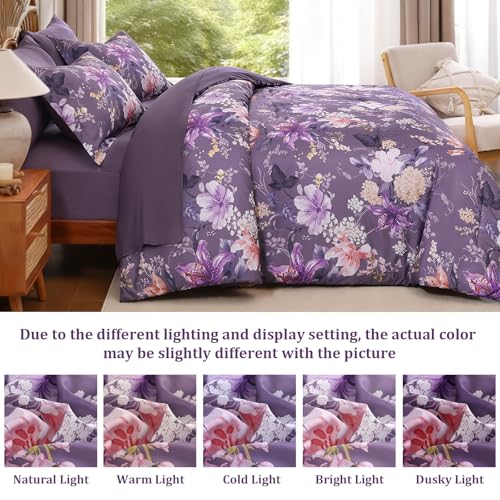 Drucon Floral Comforter Set King Size 7 Piece, Purple Flower Bed in a Bag, Elegant Floral Comforter with Sheet Set, Soft Microfiber Bedding Set for All Season Drucon