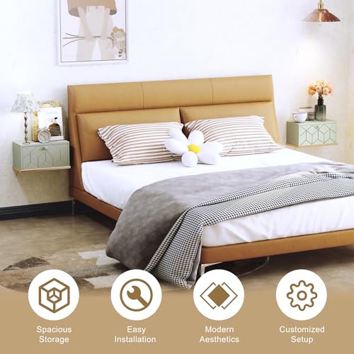 HLR Floating Nightstand, Small Nightstand with Flap Door, Morden Wall Mounted Nightstand for Bedrooms, Green HLR