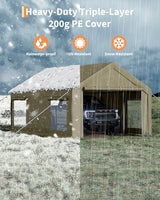 GarveeLife 10x20 Ft Carport, Car Port with 200g PE Tarp, Roll-Up Doors, and 4 Windows, for Sedans, Bass Boats, Motos, ATVs, and SUVs, Khaki GarveeLife