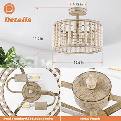 Wood Beaded Chandelier - Farmhouse Boho Light Fixture, Rustic Semi Flush Mount Ceiling Light, Oak 2 Lights Nursery Light Fixture for Hallway Foyer Bedroom Kitchen Island Living Room, E26 Base