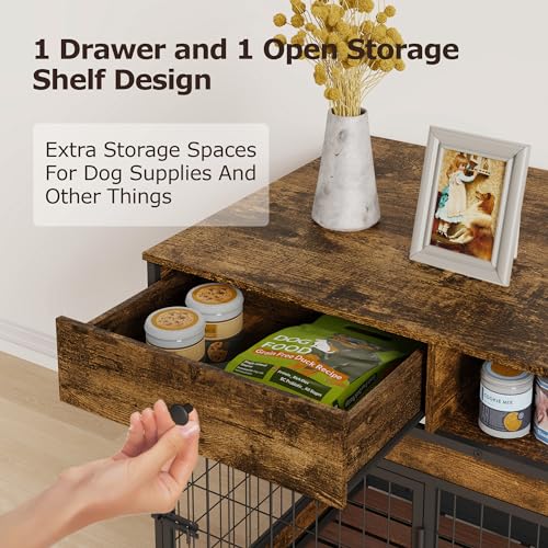 FAVOOSTY Dog Crate Furniture, 31.5 Inch Dog Kennel with Storage Drawer, Double Doors Heavy Duty Dog Cage with Removable Tray, Indoor Wooden Pet Crate for Small Medium Dogs, Rustic Brown
