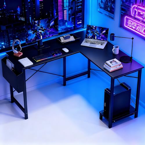 OLIXIS L Shaped Desk, 50-Inch Office Computer Gaming Desks Corner PC Table with Side Bag and Reversible Shelf for Home Work Study Writing Black OLIXIS