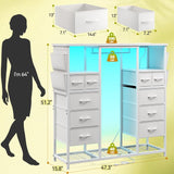 Romorgniz White Dressers for Bedroom with Hanging Rack, 10 Drawers Dresser with LED Lights & Charging Station, Chest of Drawers & Wooden Top, Bedroom, 15.8" D x 47.3" W x 51.2" H Romorgniz