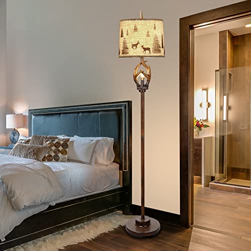Scenekoy Rustic Farmhouse Antlers Floor Lamp with Nightlight Brown Finish Round Shade Lamps for Living Room Bedroom Office Study House Scenekoy