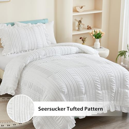 WONGS BEDDING White Comforter Set Twin, 3 Pieces Ruffle Shabby Chic Comforter for Dorm Room Essentials for Twin Bed, Soft Seersucker Bedding Set with 1 Ruffle Comforter, 2 Tufted Pillowcases 86"×68" WONGS BEDDING