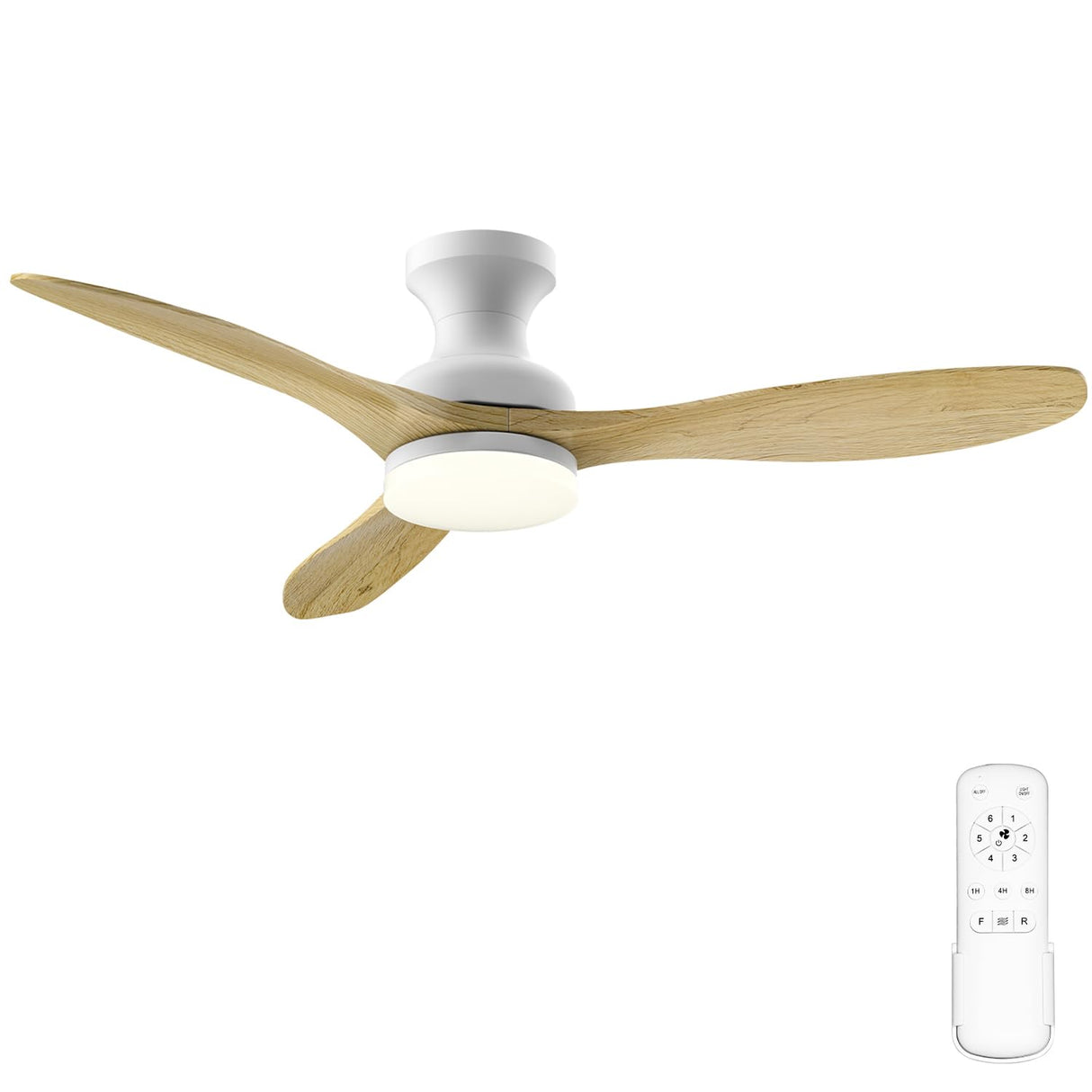Frstem Leah 52" Solid Wood Ceiling Fan with Light & Remote Control, Flush Mount 3 Blades 6-Speed Ceiling Fan Fixture, Low Profile for Kitchen Bedroom Living Room Indoor (Natural Wood Color & White) Frstem