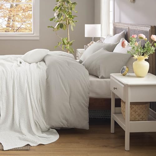 Bedsure 5 Pieces Cotton Comforter Set with Waffle Throw Blanket - Soft Breathable Bedding Set for All Seasons, Beige Queen Comforter, Pillow Shams, White 100% Cotton Blanket, Throw Pillow Bedsure