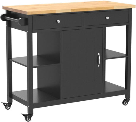 ChooChoo Kitchen Islands on Wheels with Wood Top, Utility Wood Movable Kitchen Cart with Storage and Drawers, Black ChooChoo